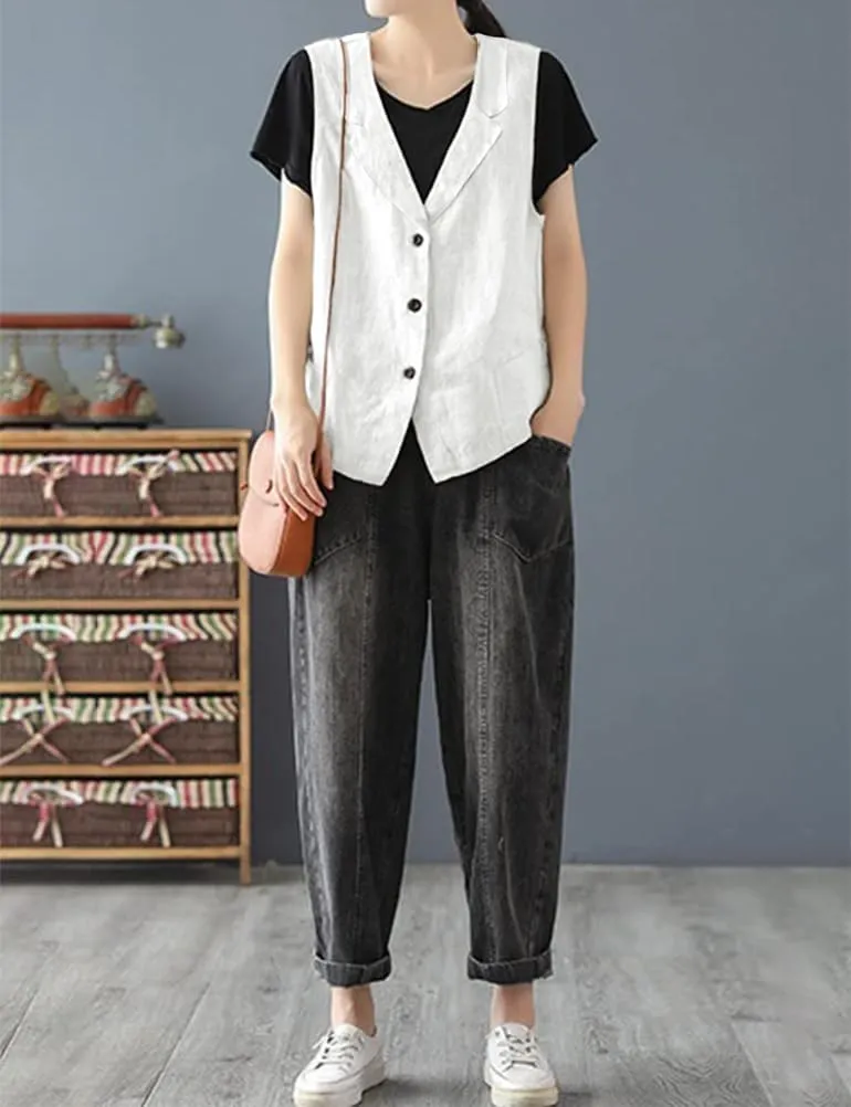 IDEALSANXUN Linen Vest for Women Casual Sleeveless Spring Summer Blazer Jackets