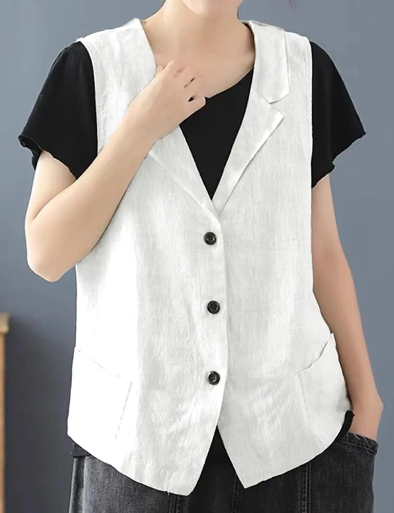 IDEALSANXUN Linen Vest for Women Casual Sleeveless Spring Summer Blazer Jackets