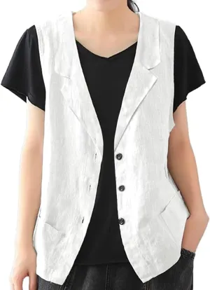 IDEALSANXUN Linen Vest for Women Casual Sleeveless Spring Summer Blazer Jackets