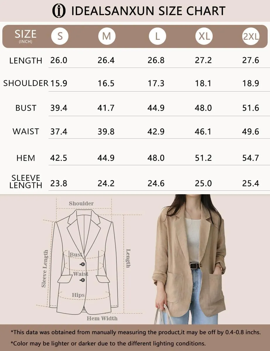 IDEALSANXUN Womens Linen Blazer Casual Long Sleeve Lightweight Spring Summer Jackets