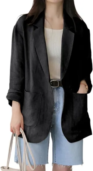 IDEALSANXUN Womens Linen Blazer Casual Long Sleeve Lightweight Spring Summer Jackets