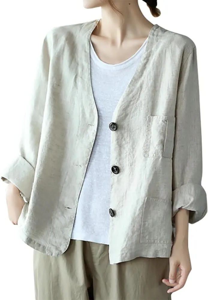 IDEALSANXUN Womens Oversized Cotton Linen Blazer Casual Long Sleeve Spring Jackets