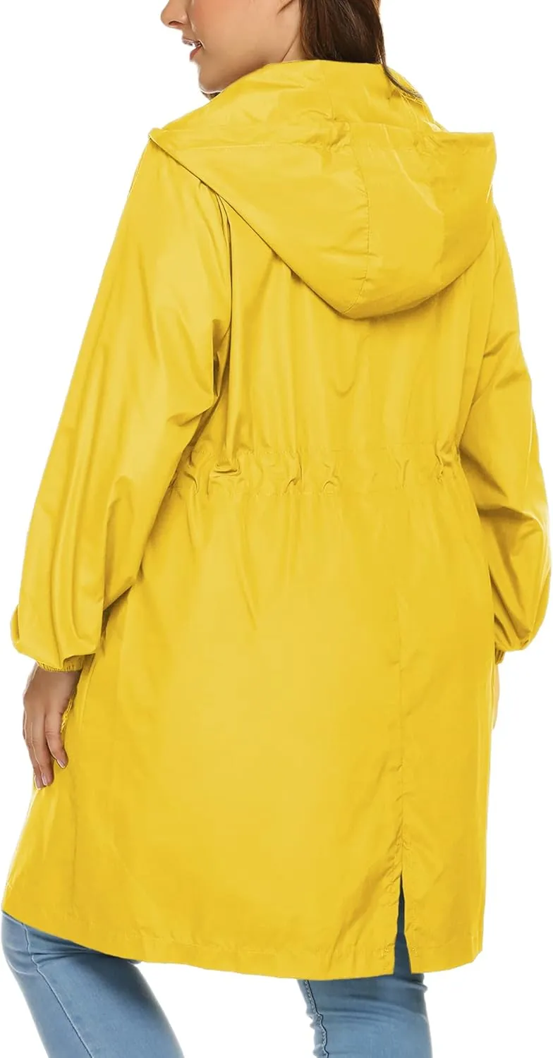 IN'VOLAND Women's Rain Jacket Plus Size Long Raincoat Lightweight Hooded Windbreaker Waterproof Jackets with Pockets