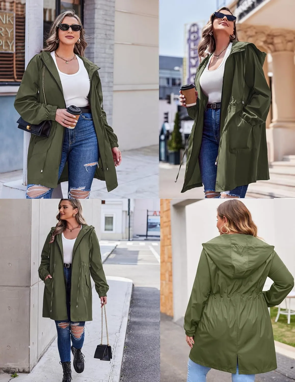 IN'VOLAND Women's Rain Jacket Plus Size Long Raincoat Lightweight Hooded Windbreaker Waterproof Jackets with Pockets