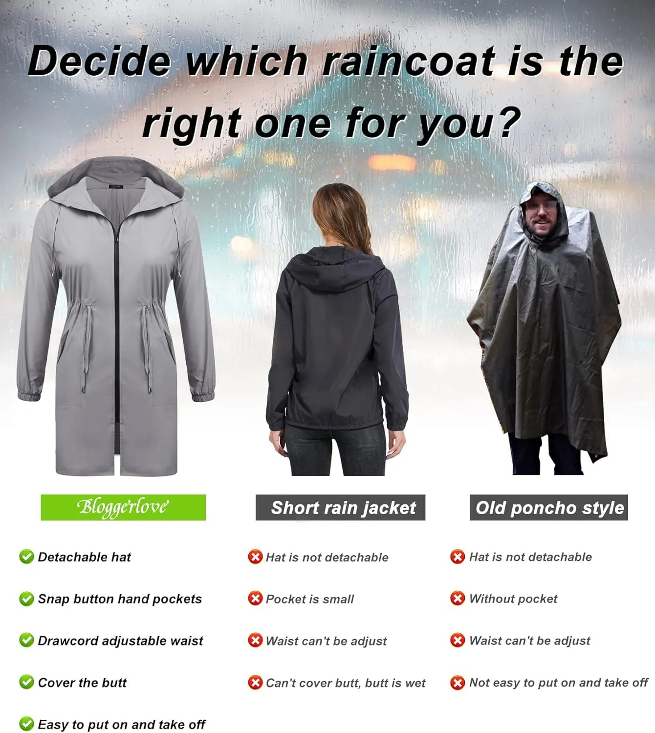 IN'VOLAND Women's Rain Jacket Plus Size Long Raincoat Lightweight Hooded Windbreaker Waterproof Jackets with Pockets