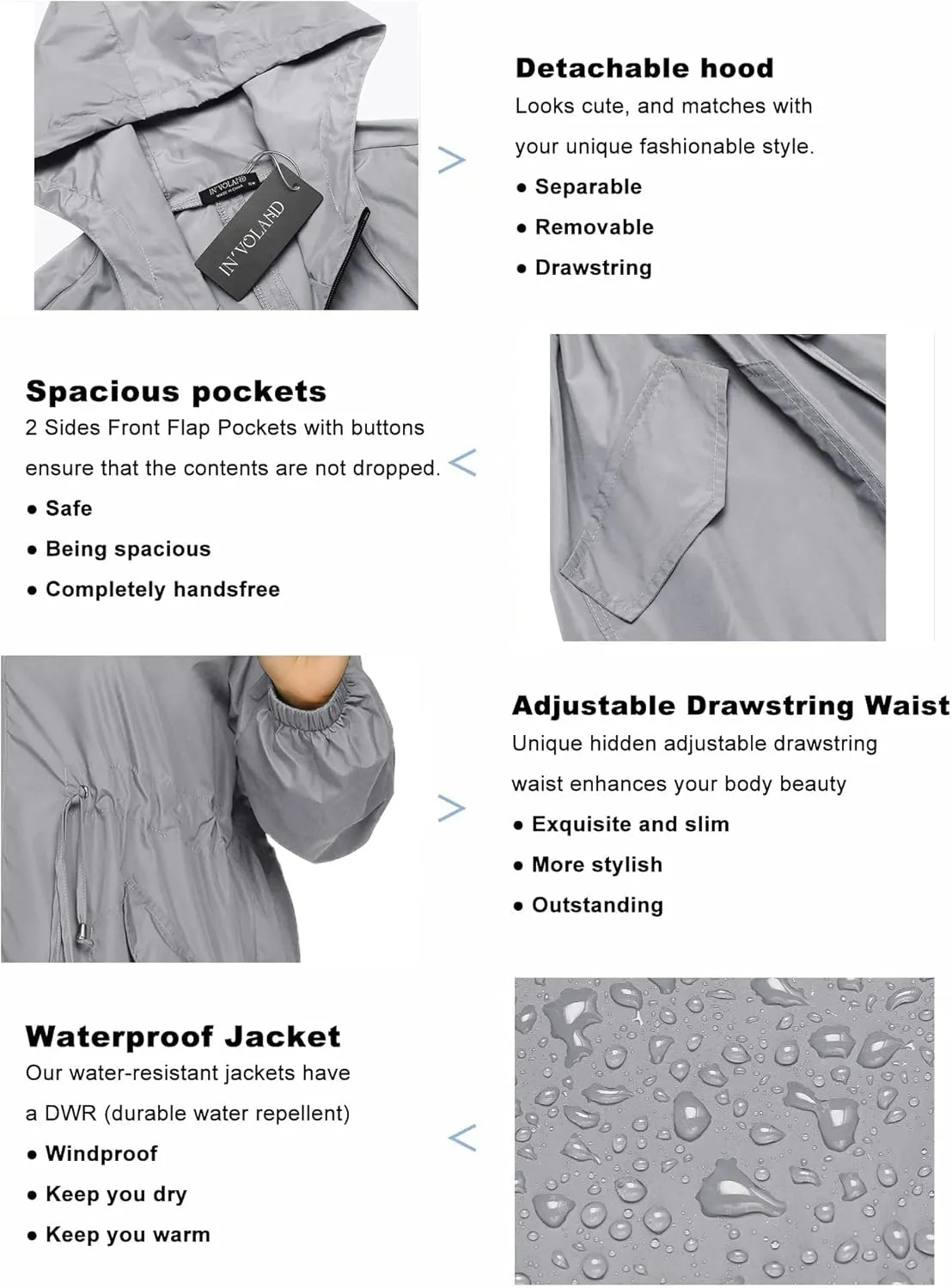 IN'VOLAND Women's Rain Jacket Plus Size Long Raincoat Lightweight Hooded Windbreaker Waterproof Jackets with Pockets