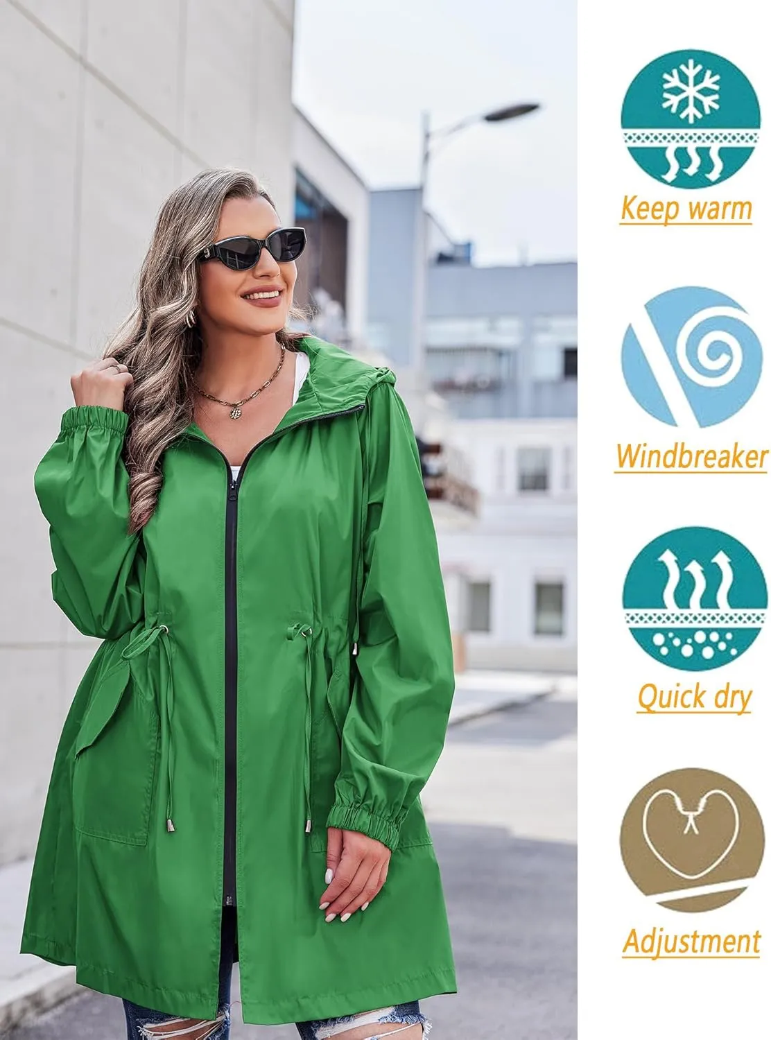 IN'VOLAND Women's Rain Jacket Plus Size Long Raincoat Lightweight Hooded Windbreaker Waterproof Jackets with Pockets