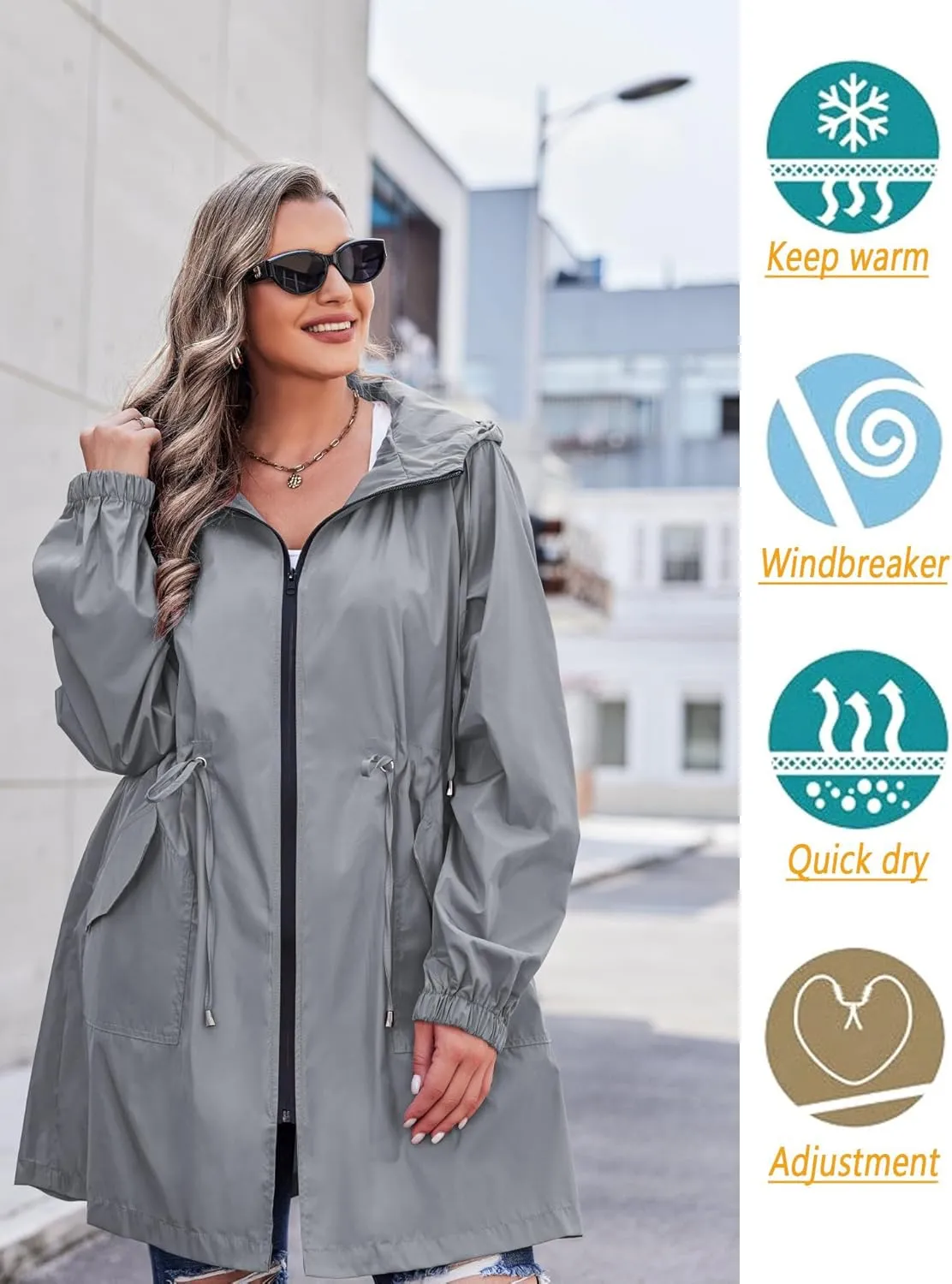 IN'VOLAND Women's Rain Jacket Plus Size Long Raincoat Lightweight Hooded Windbreaker Waterproof Jackets with Pockets