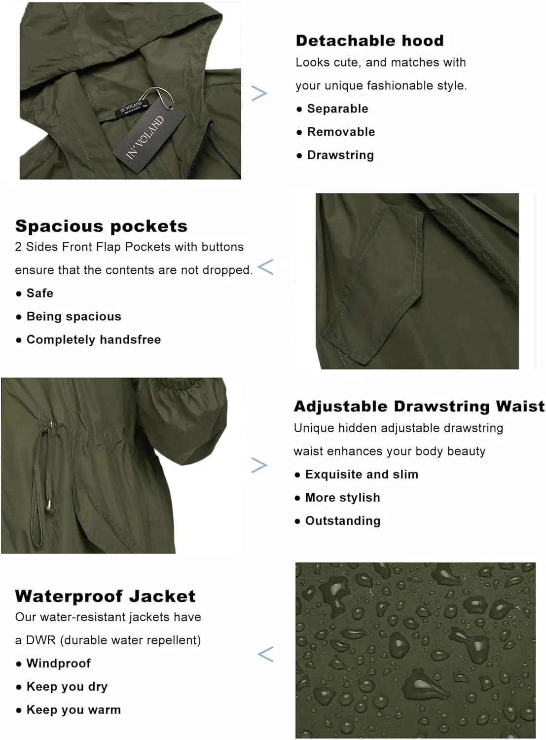 IN'VOLAND Women's Rain Jacket Plus Size Long Raincoat Lightweight Hooded Windbreaker Waterproof Jackets with Pockets