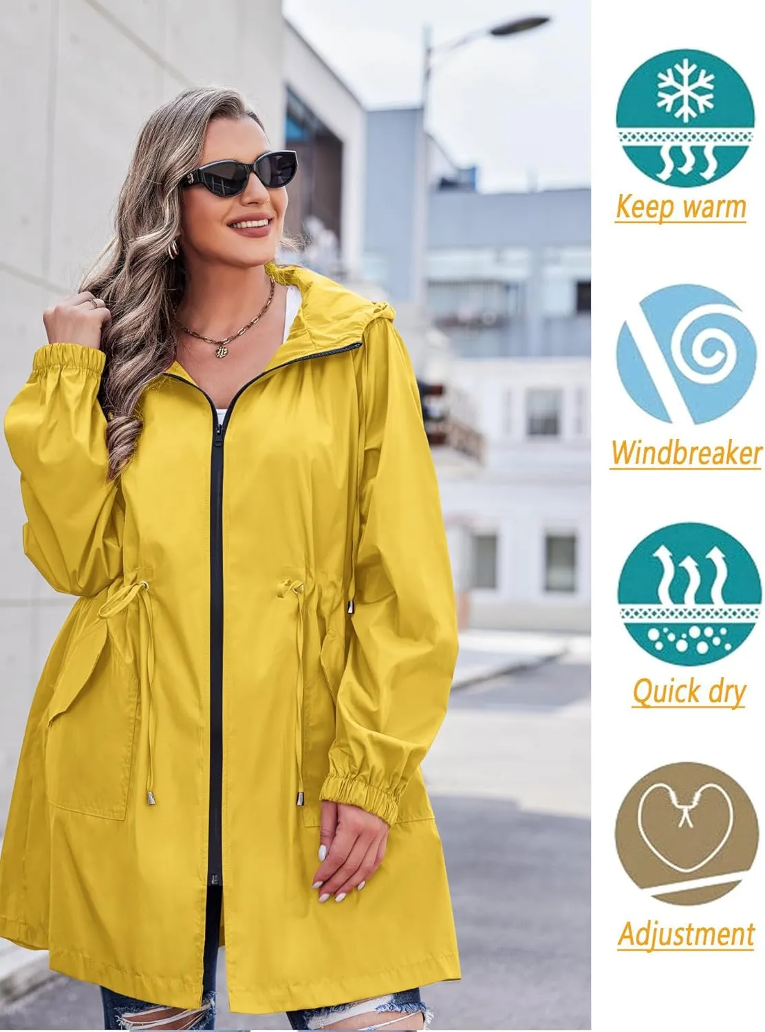 IN'VOLAND Women's Rain Jacket Plus Size Long Raincoat Lightweight Hooded Windbreaker Waterproof Jackets with Pockets