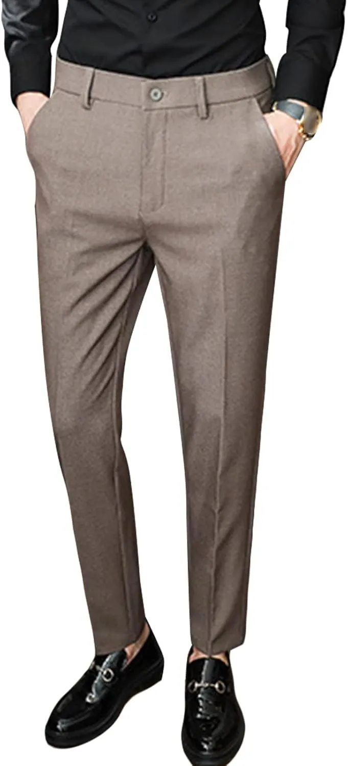JEShifangjiusu Men's Skinny Stretchy Khaki Pants Slim Fit Slacks Tapered Trousers Wrinkle-Free Comfort Dress Chino Pant (32,Brown), Brown, 32