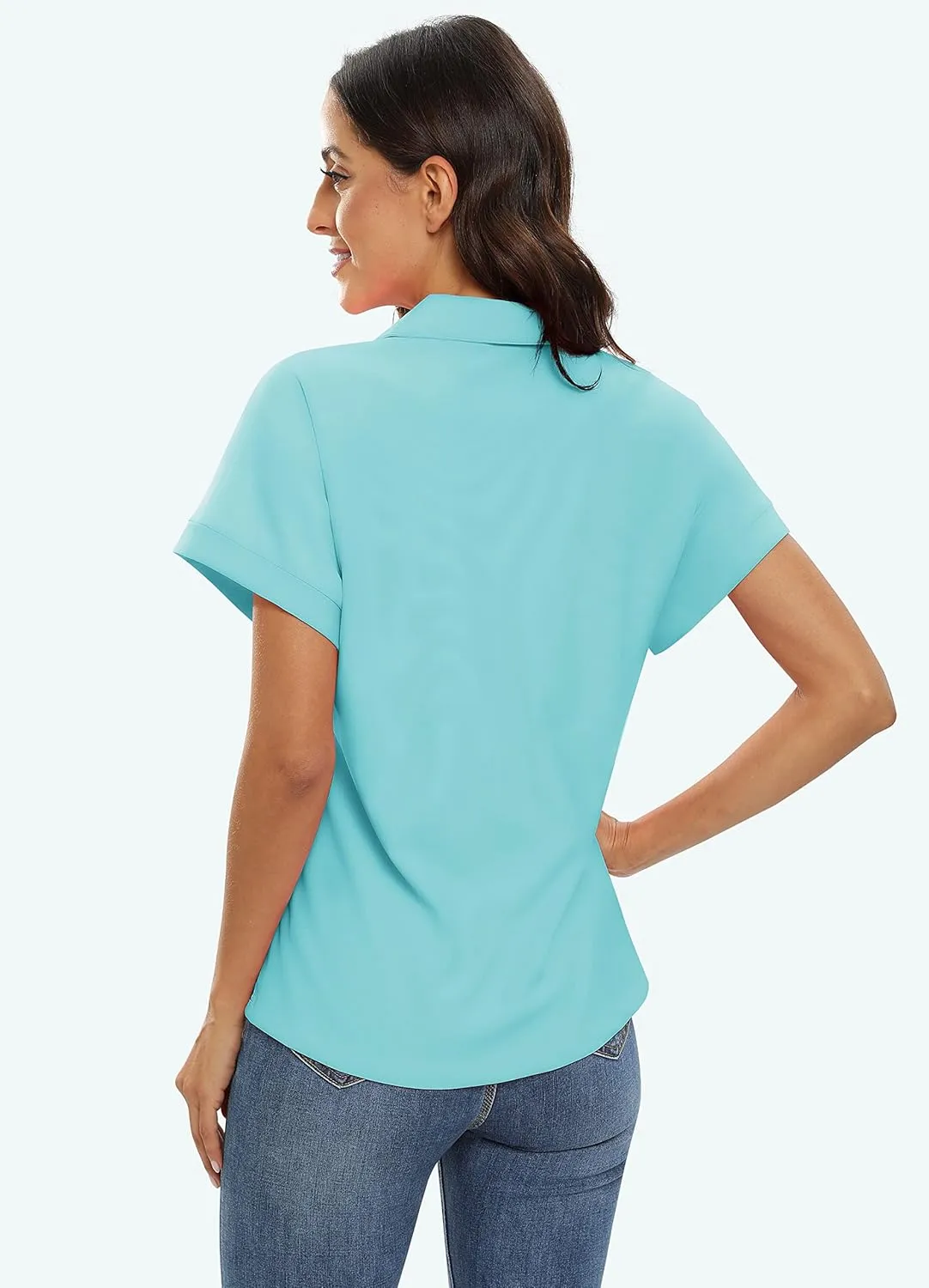 JINSHI Women's Golf Polo Shirts V Neck Collared Short Sleeve Sport Top UPF50  Loose Tennis Shirts Quick Dry