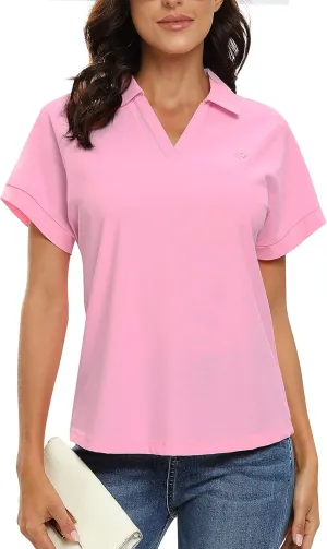 JINSHI Women's Golf Polo Shirts V Neck Collared Short Sleeve Sport Top UPF50  Loose Tennis Shirts Quick Dry