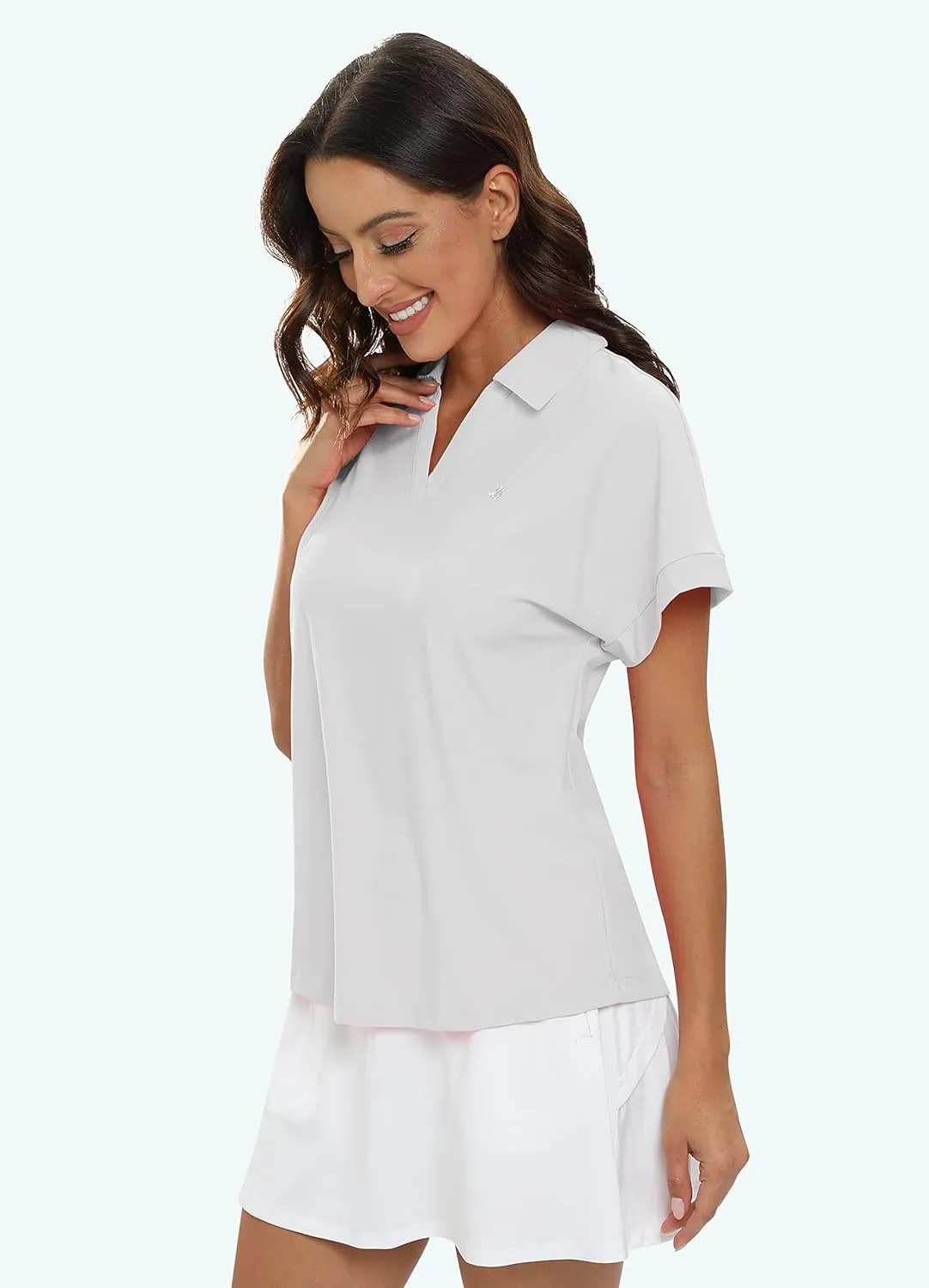 JINSHI Women's Golf Polo Shirts V Neck Collared Short Sleeve Sport Top UPF50  Loose Tennis Shirts Quick Dry