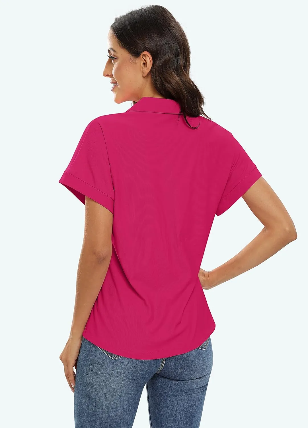 JINSHI Women's Golf Polo Shirts V Neck Collared Short Sleeve Sport Top UPF50  Loose Tennis Shirts Quick Dry