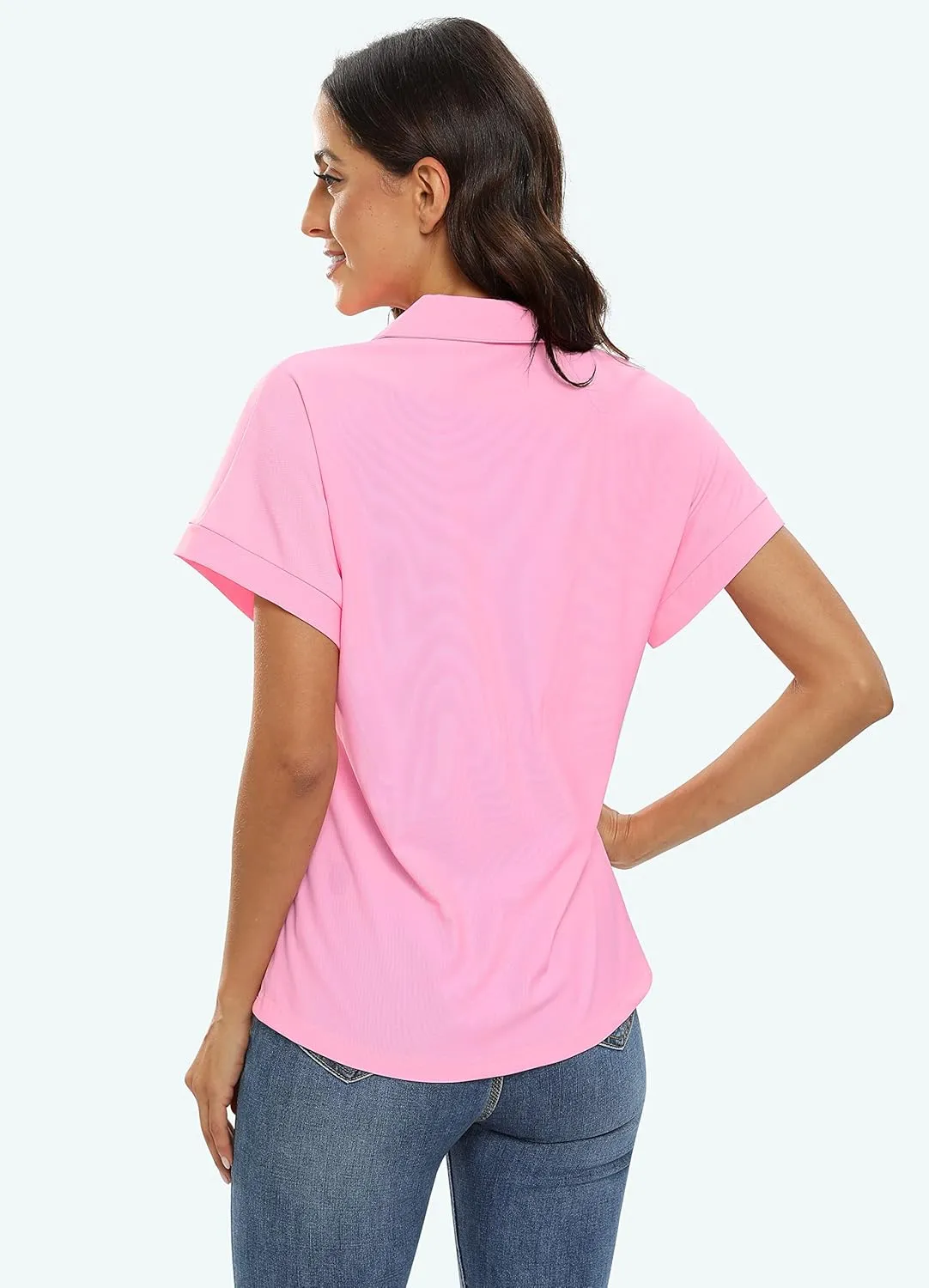 JINSHI Women's Golf Polo Shirts V Neck Collared Short Sleeve Sport Top UPF50  Loose Tennis Shirts Quick Dry
