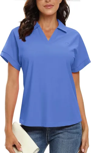 JINSHI Women's Golf Polo Shirts V Neck Collared Short Sleeve Sport Top UPF50  Loose Tennis Shirts Quick Dry