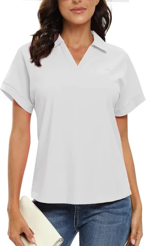 JINSHI Women's Golf Polo Shirts V Neck Collared Short Sleeve Sport Top UPF50  Loose Tennis Shirts Quick Dry