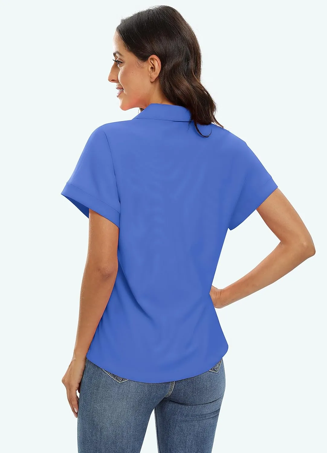 JINSHI Women's Golf Polo Shirts V Neck Collared Short Sleeve Sport Top UPF50  Loose Tennis Shirts Quick Dry