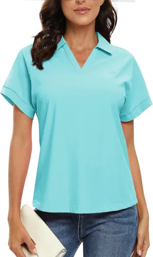 JINSHI Women's Golf Polo Shirts V Neck Collared Short Sleeve Sport Top UPF50  Loose Tennis Shirts Quick Dry