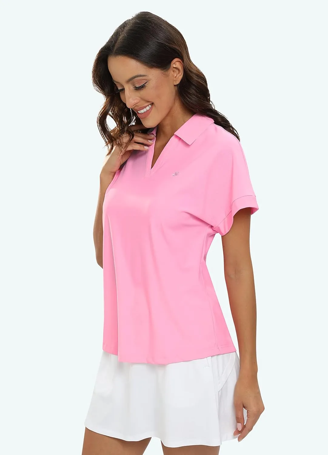 JINSHI Women's Golf Polo Shirts V Neck Collared Short Sleeve Sport Top UPF50  Loose Tennis Shirts Quick Dry
