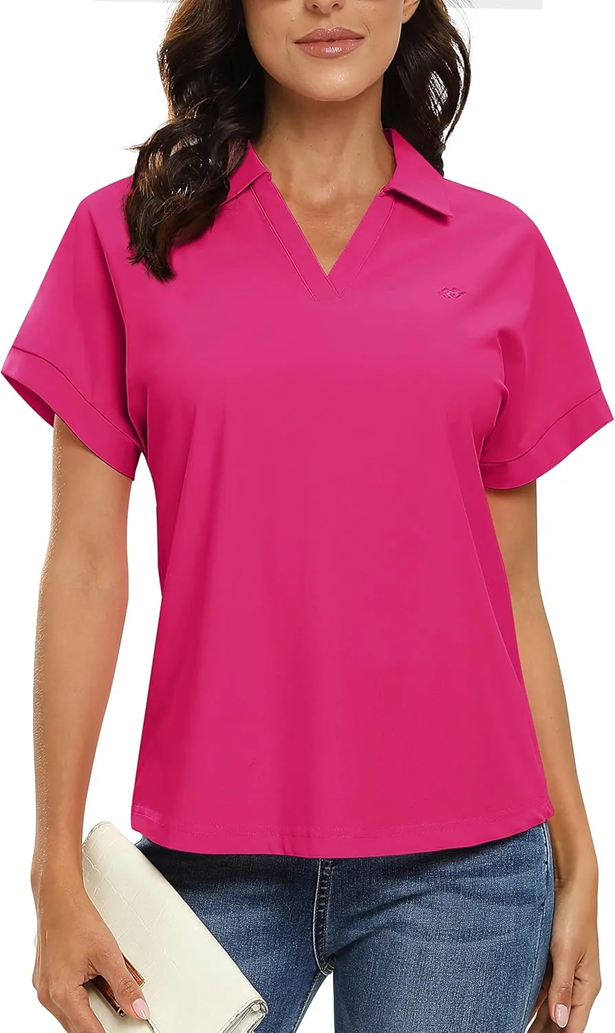 JINSHI Women's Golf Polo Shirts V Neck Collared Short Sleeve Sport Top UPF50  Loose Tennis Shirts Quick Dry