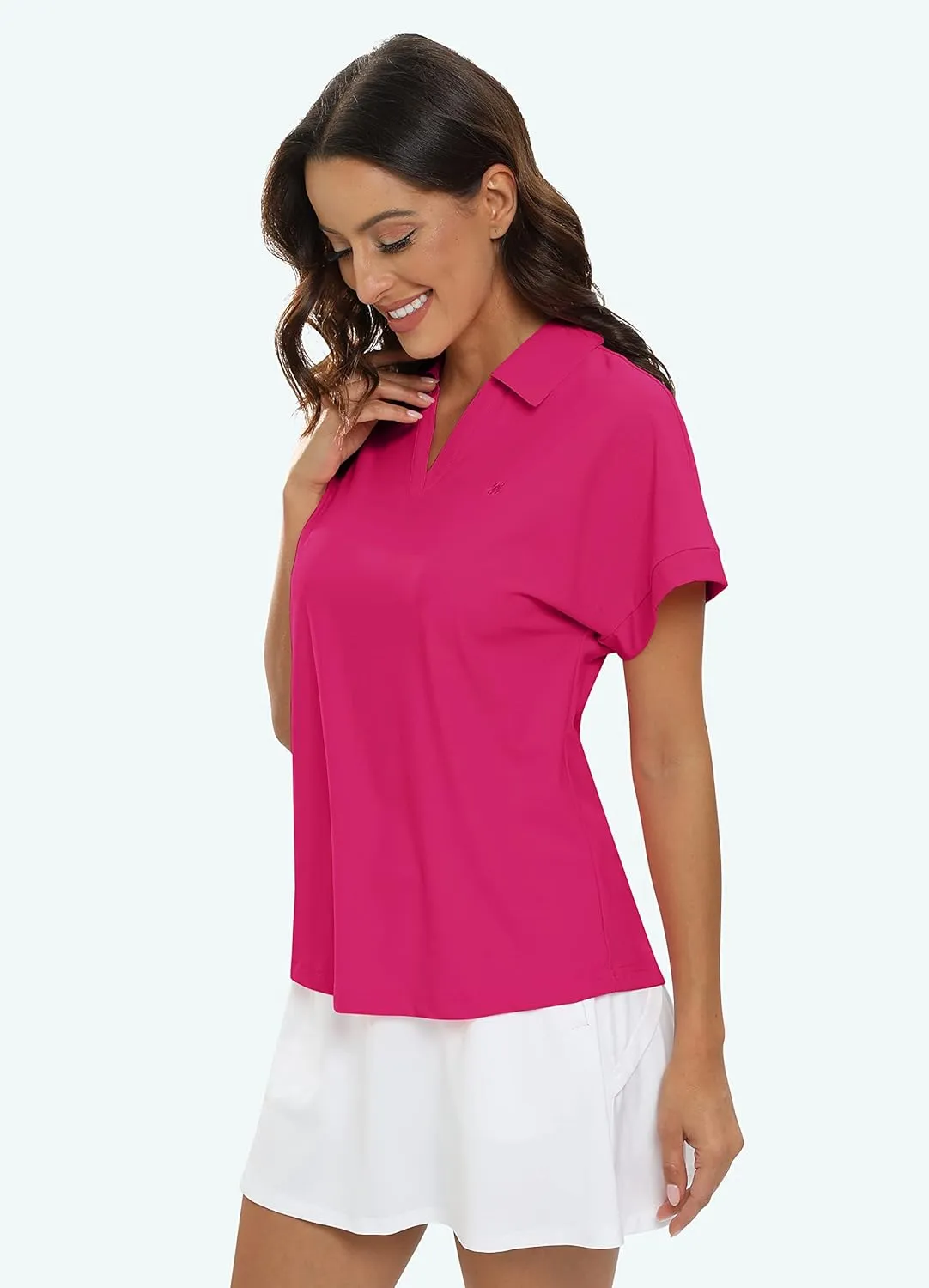 JINSHI Women's Golf Polo Shirts V Neck Collared Short Sleeve Sport Top UPF50  Loose Tennis Shirts Quick Dry