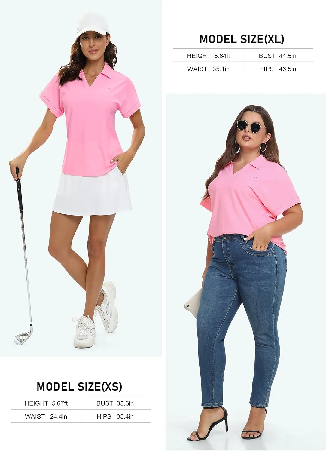 JINSHI Women's Golf Polo Shirts V Neck Collared Short Sleeve Sport Top UPF50  Loose Tennis Shirts Quick Dry