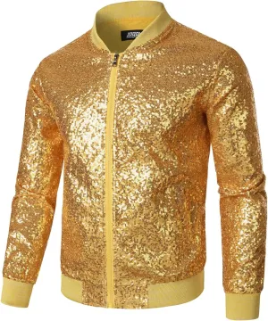 JOGAL Mens Sequins Nightclub Styles Zip up Varsity Baseball Bomber Jacket