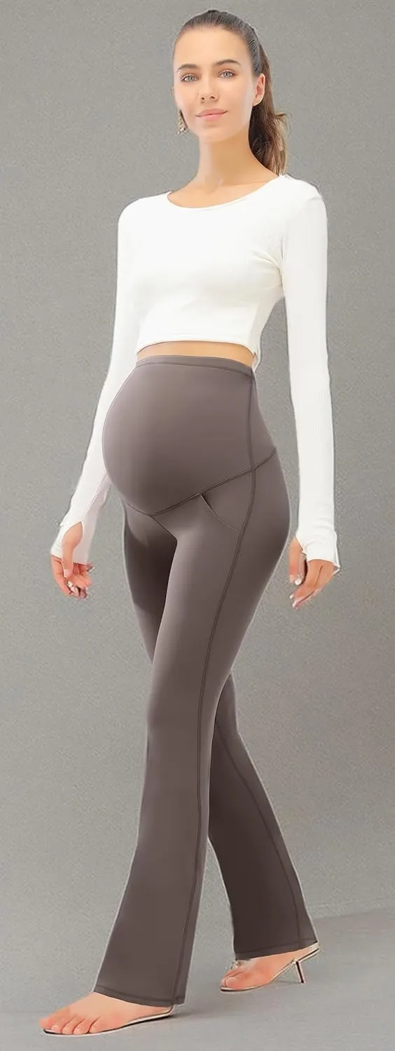 JOYSPELS Smooth Feeling Maternity Pants with Pockets Over The Belly Flare Maternity Leggings Pregnancy Yoga Pants