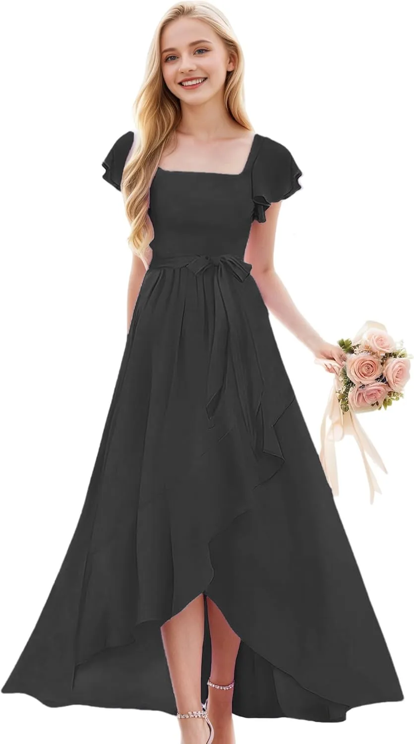 Junior Bridesmaid Dresses for Girls Chiffon Short Sleeve Flower Girl Dress for Wedding High Low Pageant Dress