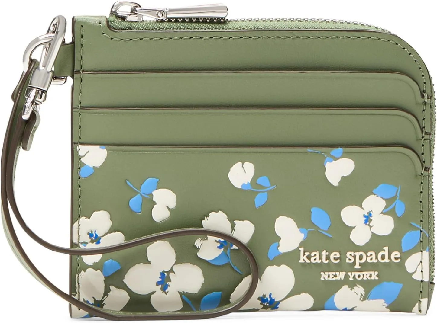 kate spade new york Devin Painterly Bouquet Embossed Smooth Leather Coin Card case Wristlet, Cedar Stand Multi
