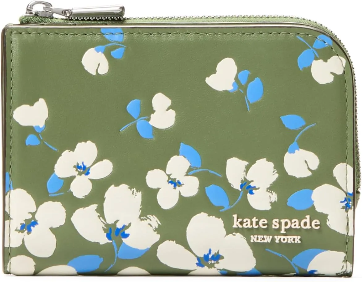 kate spade new york Devin Painterly Bouquet Embossed Smooth Leather Small Compact Wallet, Cedar Stand Multi