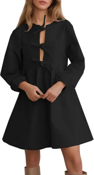 Kedera Women's Babydoll Corduroy Dress Long Puff Sleeve Bow Tie Front Ruffle A-Line Mini Dresses 2025