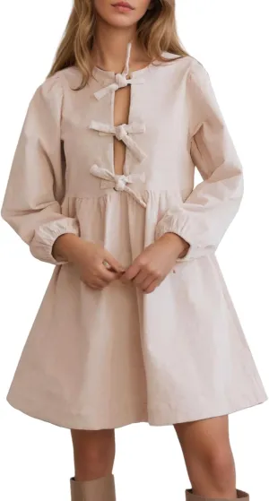 Kedera Women's Babydoll Corduroy Dress Long Puff Sleeve Bow Tie Front Ruffle A-Line Mini Dresses 2025