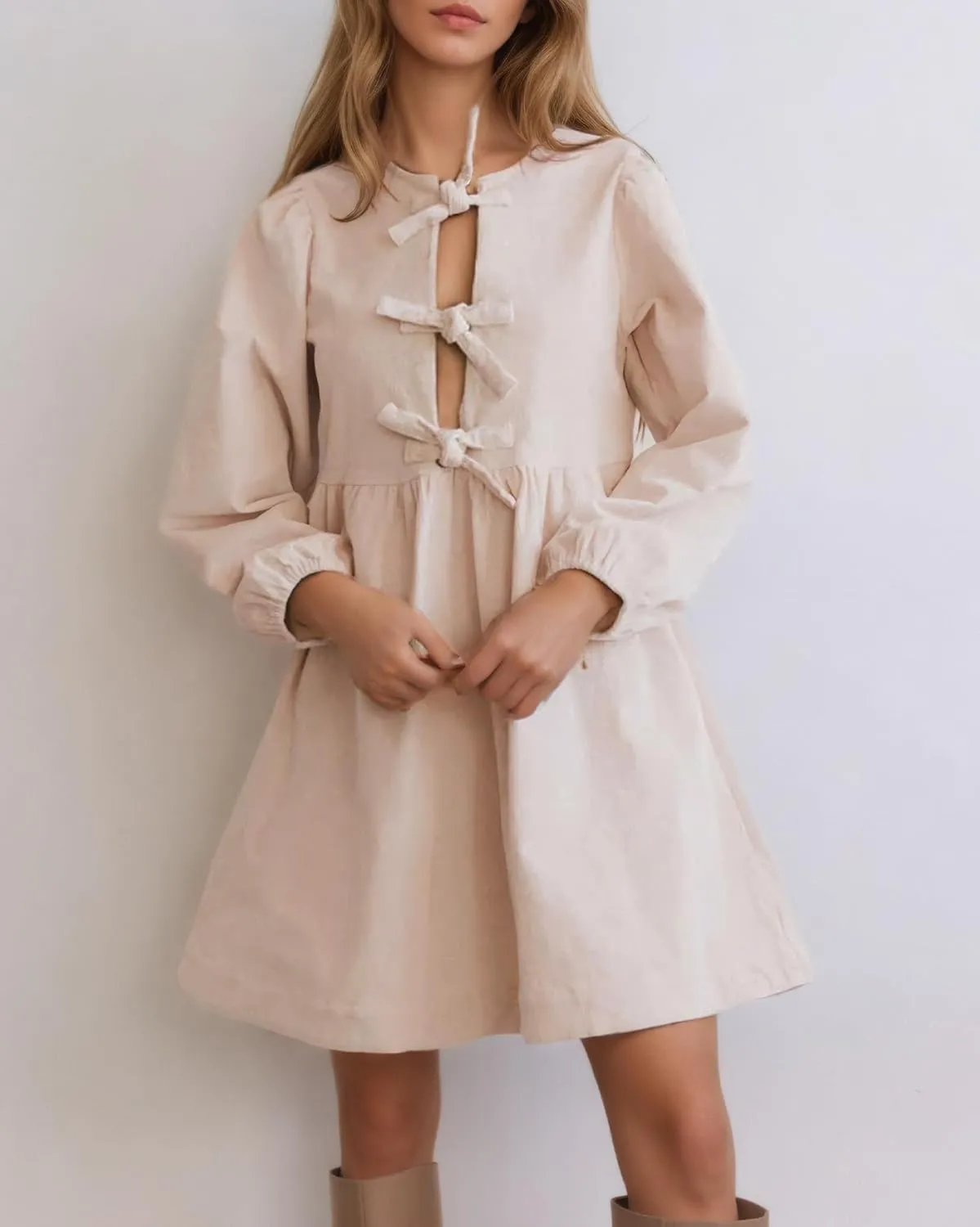 Kedera Women's Babydoll Corduroy Dress Long Puff Sleeve Bow Tie Front Ruffle A-Line Mini Dresses 2025