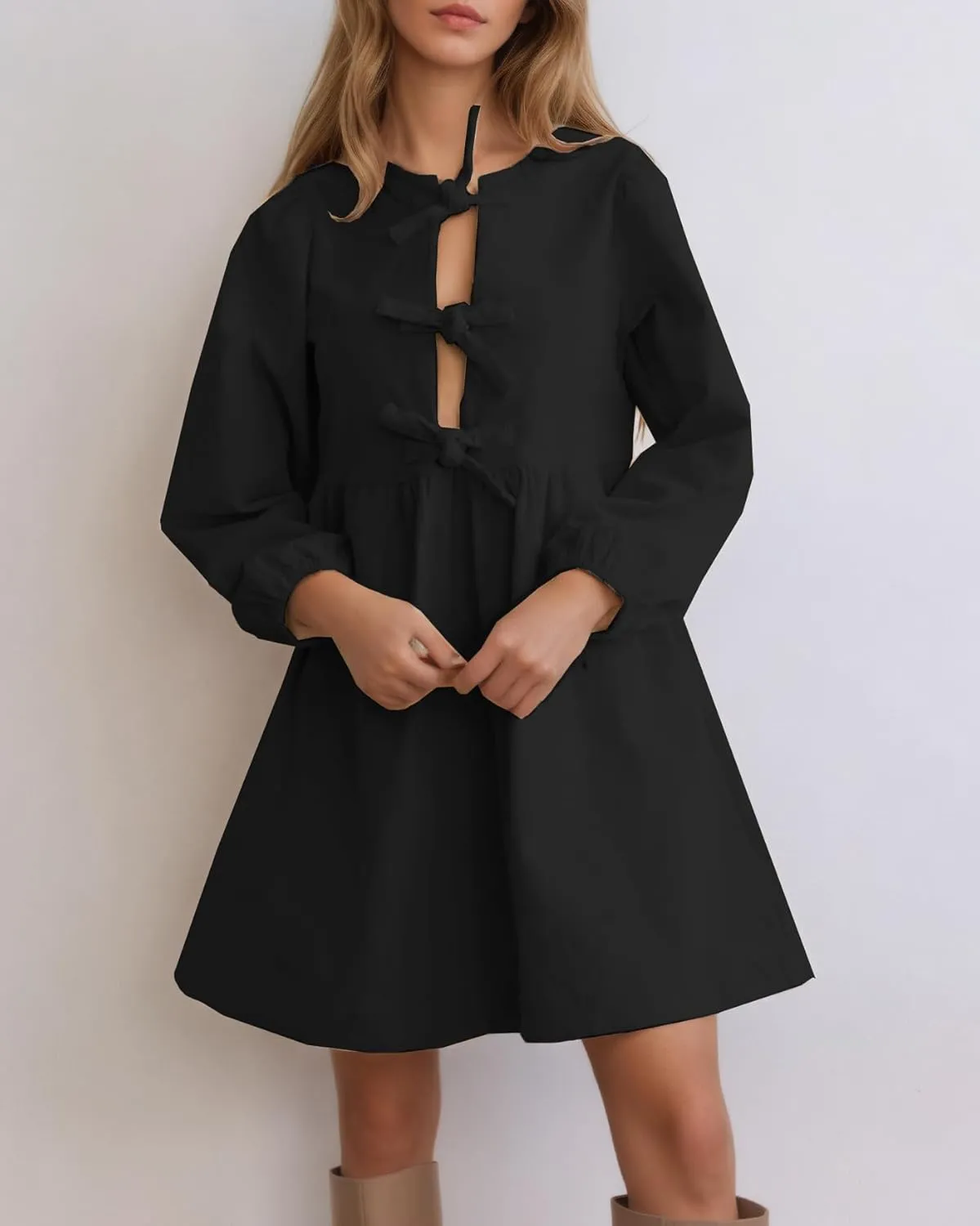 Kedera Women's Babydoll Corduroy Dress Long Puff Sleeve Bow Tie Front Ruffle A-Line Mini Dresses 2025
