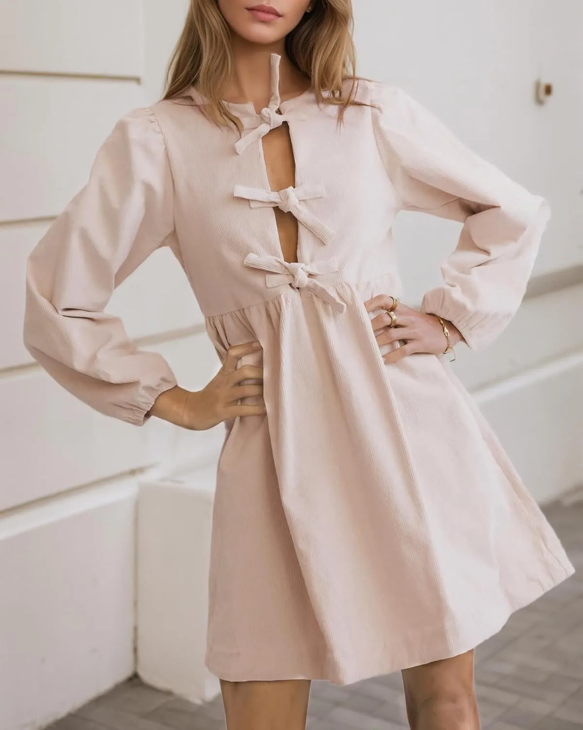 Kedera Women's Babydoll Corduroy Dress Long Puff Sleeve Bow Tie Front Ruffle A-Line Mini Dresses 2025