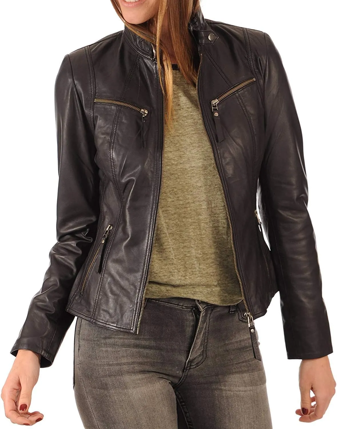 KYZER KRAFT Womens Leather Jacket Zippers Real Lambskin Leather Jacket for Womens