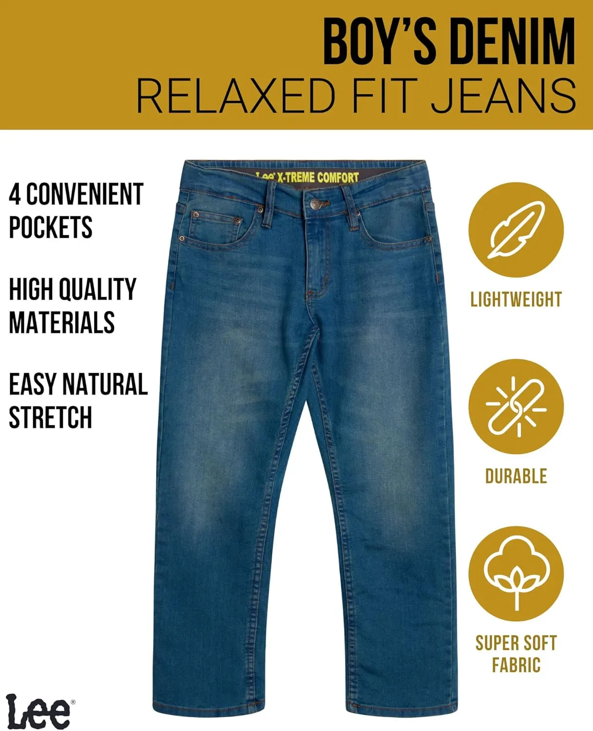 Lee Boys' Comfort Stretch Relaxed Fit Straight Leg Denim Jeans