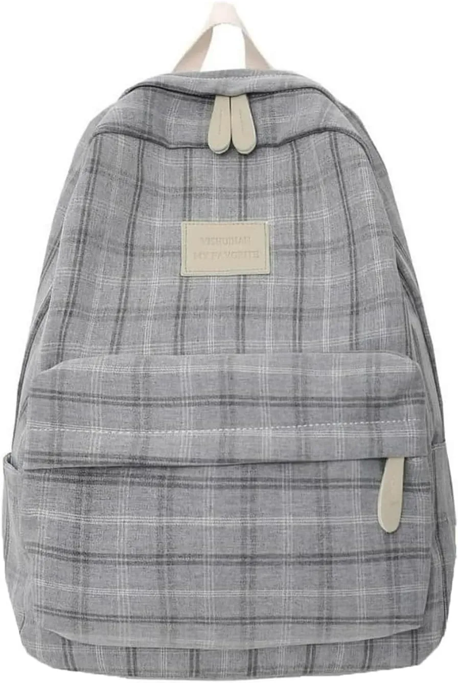 Light Academia Backpack Aesthetic Plaid Preppy Laptop Backpack Checkered Rucksack for College Travel Work (One Size,Light Grey)