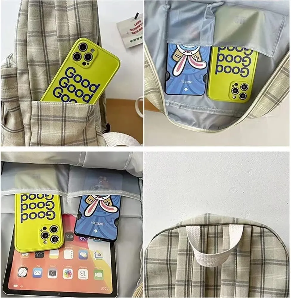 Light Academia Backpack Aesthetic Plaid Preppy Laptop Backpack Checkered Rucksack for College Travel Work (One Size,Light Grey)