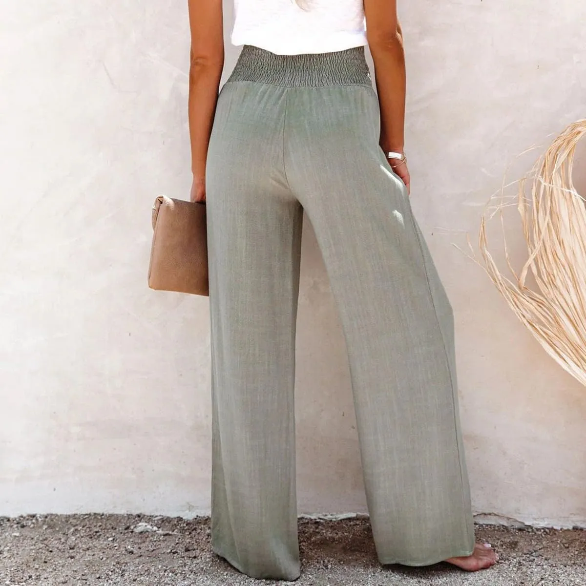 Linen Blend High Rise Smocked Pants for Women,Summer Comfort Casual Loose Trousers Elastic Wide Leg Pants with Pocket