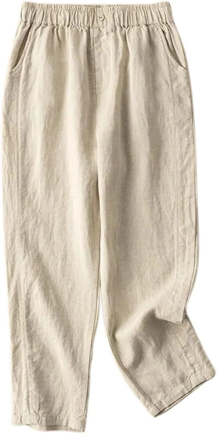 Linen Pants for Women 2025 Casual Summer High Elastic Waist Wide Leg Baggy Pants Comfort Beach Trousers with Pockets