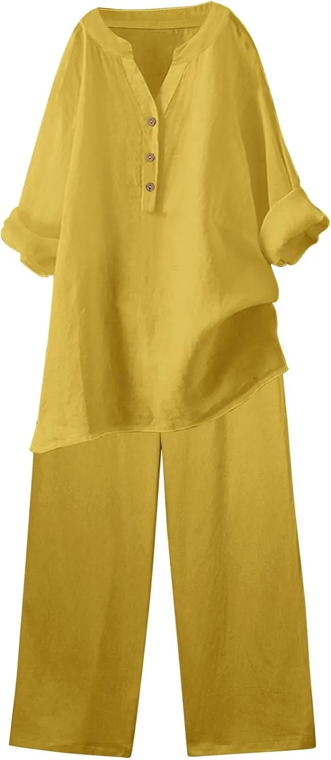 Linen Set For Women 2 Piece Summer Outfits Plus Size Long Sleeve Graphic Button Tees Capri Pants Lounge Matching Sets