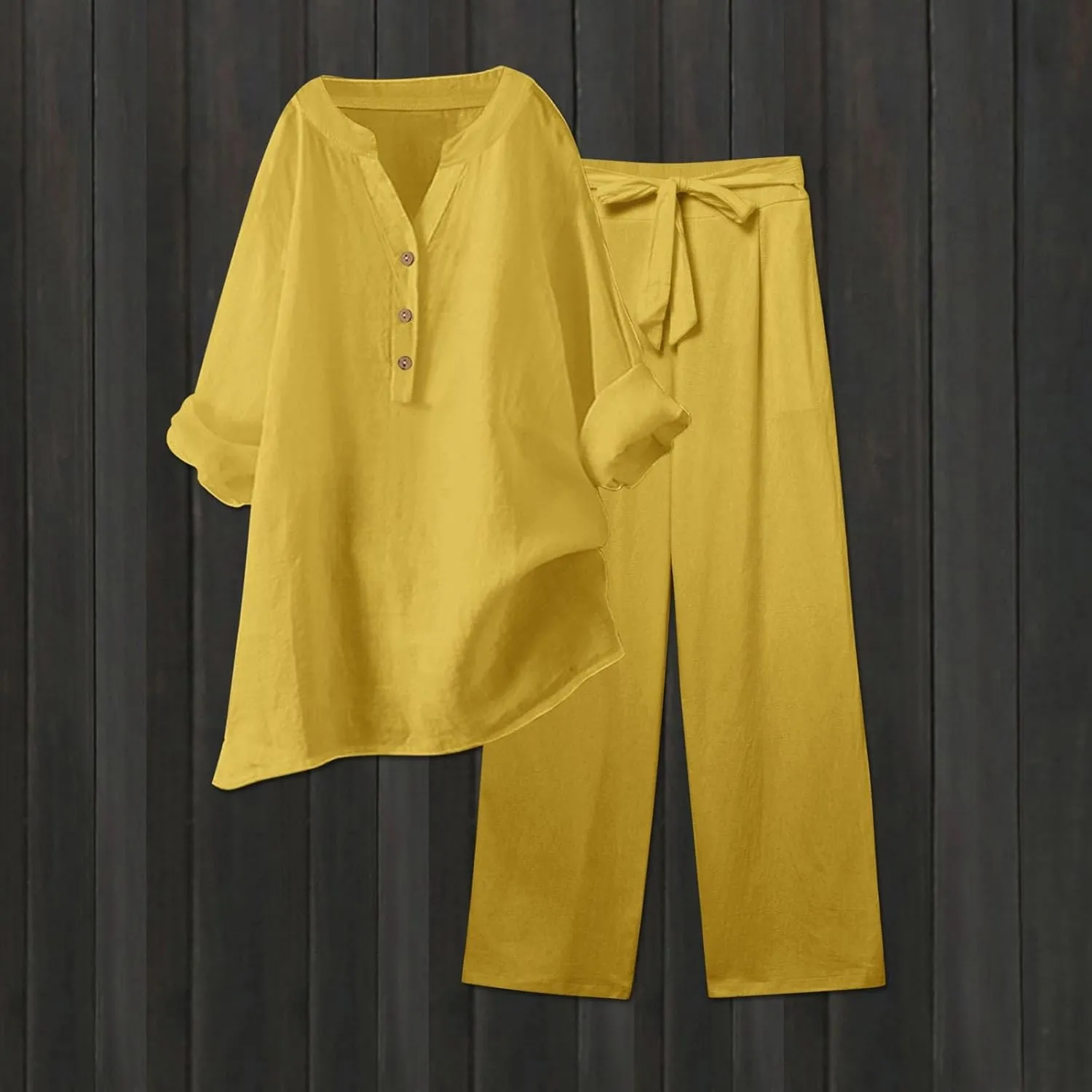 Linen Set For Women 2 Piece Summer Outfits Plus Size Long Sleeve Graphic Button Tees Capri Pants Lounge Matching Sets