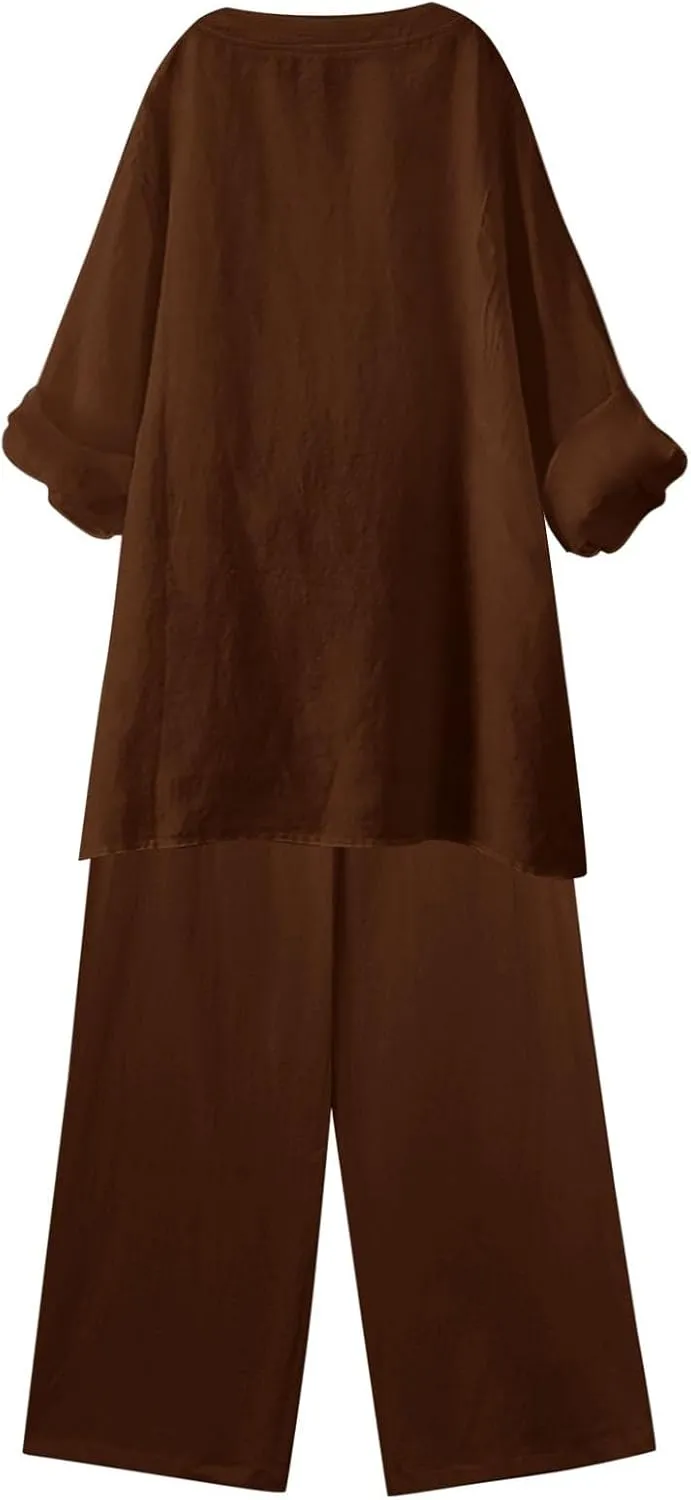 Linen Set For Women 2 Piece Summer Outfits Plus Size Long Sleeve Graphic Button Tees Capri Pants Lounge Matching Sets