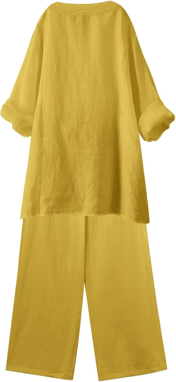 Linen Set For Women 2 Piece Summer Outfits Plus Size Long Sleeve Graphic Button Tees Capri Pants Lounge Matching Sets