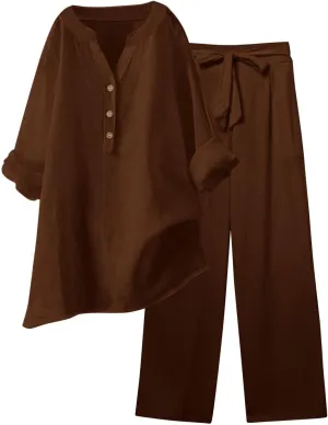 Linen Set For Women 2 Piece Summer Outfits Plus Size Long Sleeve Graphic Button Tees Capri Pants Lounge Matching Sets