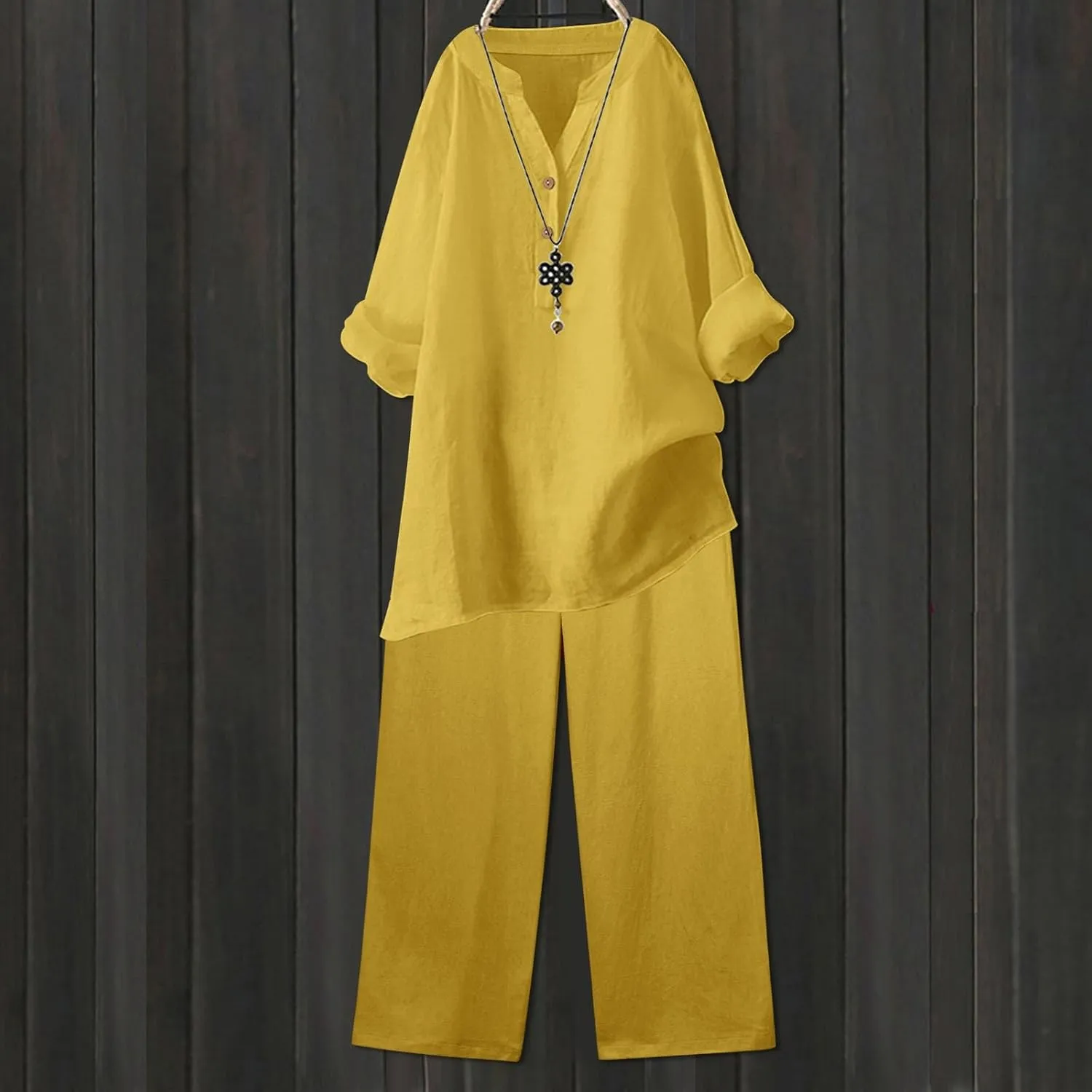 Linen Set For Women 2 Piece Summer Outfits Plus Size Long Sleeve Graphic Button Tees Capri Pants Lounge Matching Sets
